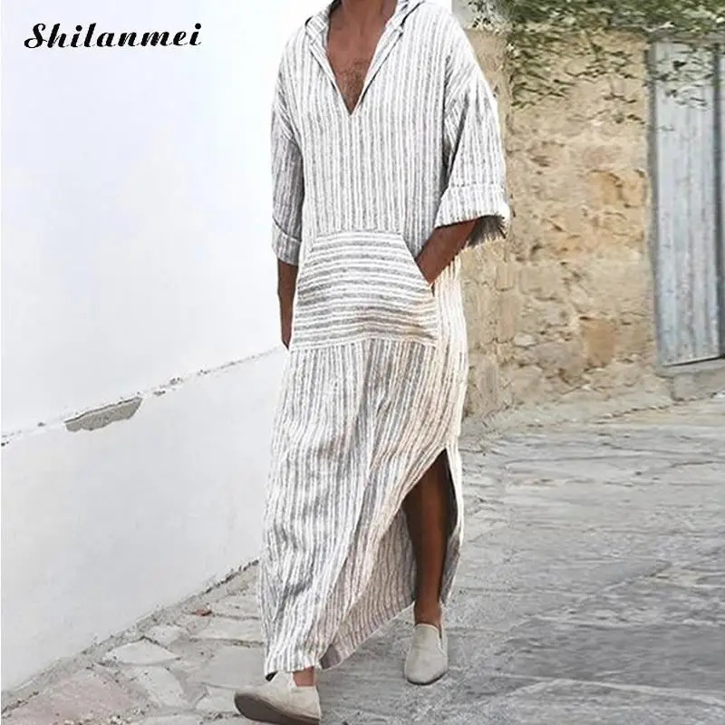 Men Muslim Fashion Islamic Arab Kaftan Hooded Striped Long Sleeve ...