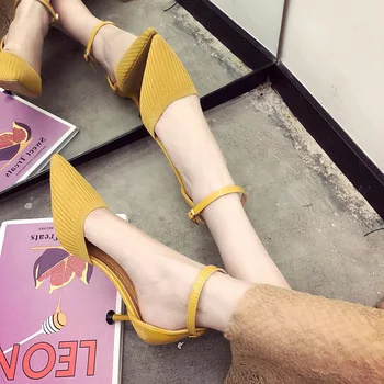 

Sandals Female 2019 Summer New Wild Pointed Word Buckle with Knit High Heels Sandals Shoes