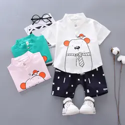 2019 г. Новый летний хлопковый костюм для мальчиков повседневная Однотонная футболка в Корейском стиле с рисунком медведя + шорты с цветочным