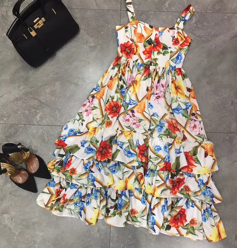 

New 2018 summer fashion women girls sweet floral print dress sexy spaghetti strap layered sleeveless mid-calf dresses rose lemon
