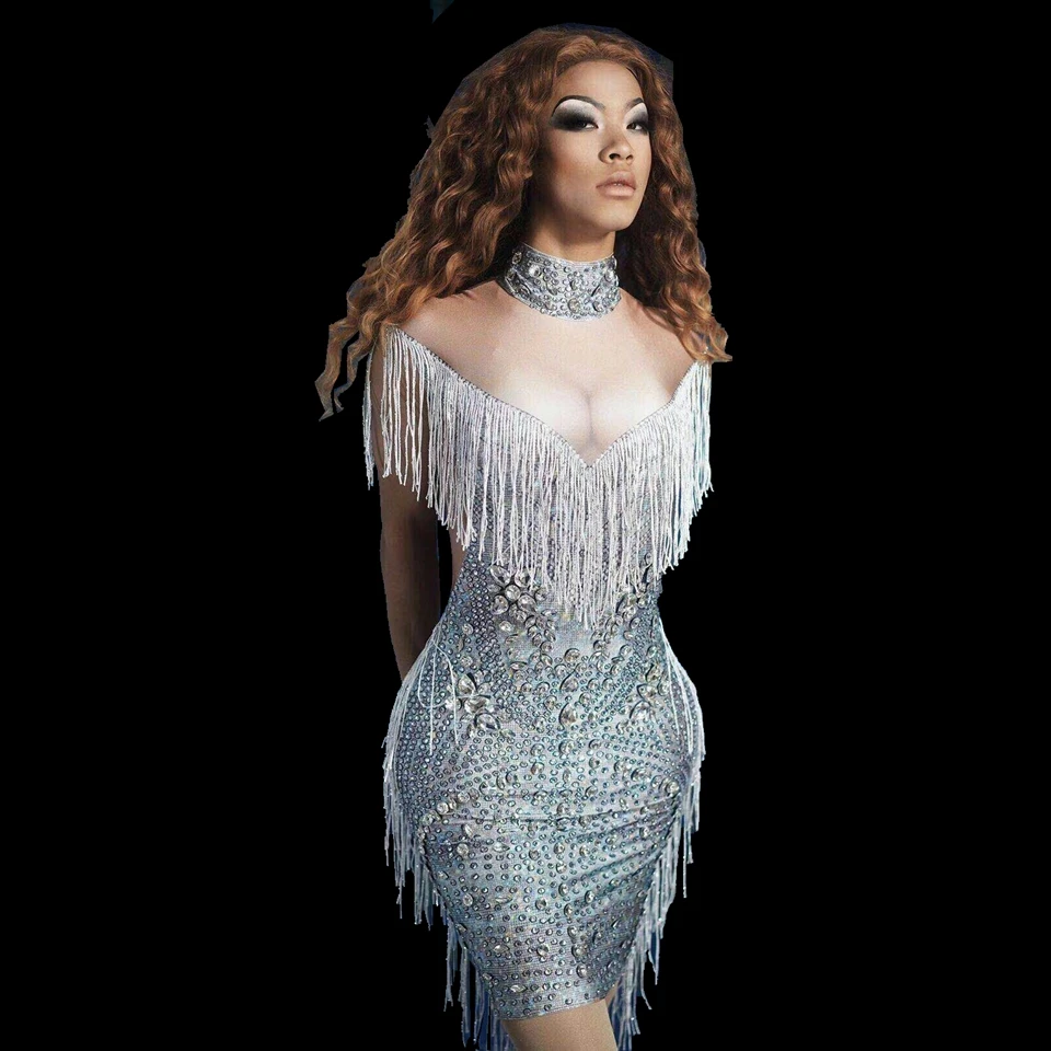 

New Fashion Sparkly Crystal Fringe Bodycon Dress Women Evening Celebrity Prom Party Outfit Female Singer Nightclub Stage Costume