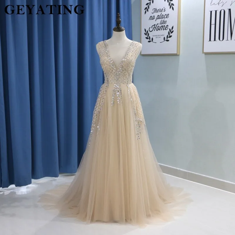 

Deep V-Neck Beading Crystal Champagne Prom Dresses Long 2019 Sexy High Slit Illusion Tulle Evening Formal Gown Women Party Dress