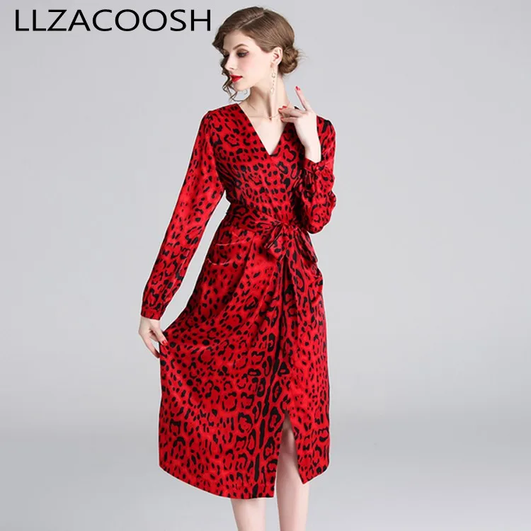 

Women fashion V-Neck wrap sexy dress red animal leopard print long sleeve dresses new 2019 spring summer