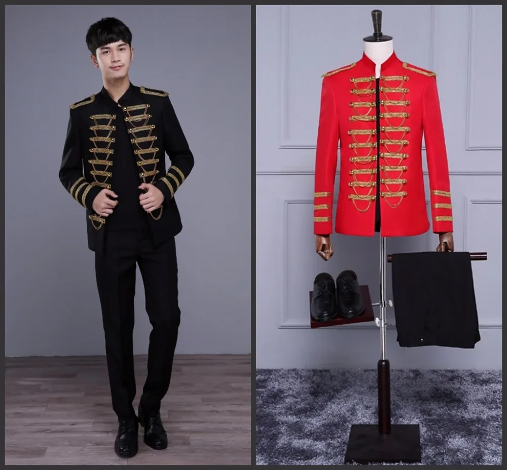 Black Or Red Stand Collar Epaulet Chains Men Jacket Bar Male