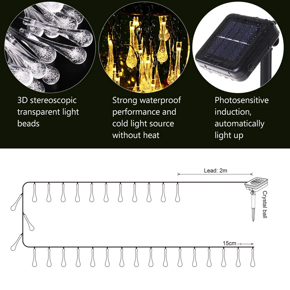 Солнечный Рождественский свет светодиодный хрустальный шар светодиодный солнечный светильник Капля воды светодиодный гирлянда сказочные огни гирлянды сад Рождественский Декор лампа