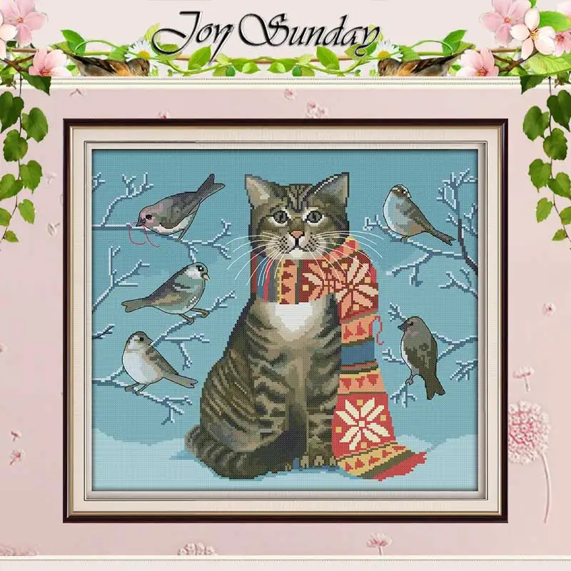 A cat and birds counted Cross Stitch 11CT 14CT Cross Stitch Set