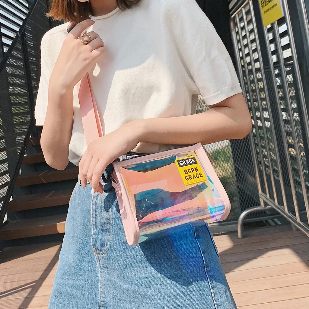 

Fashion Women Colorful Transparent Hologram Handbag Clear PVC Hand Clutches Cute Sweet Candy Color Bags Chain Messenger HW