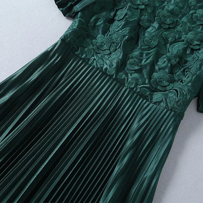 Элегантная Цветочная вышивка Плиссированные Длинные вечерние платья Для женщин летние Винтаж зеленый/бежевого цвета с О-образным вырезом драпированное платье макси взлетно-посадочной полосы платье