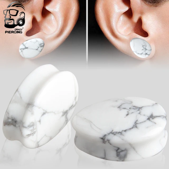 White Howlite Teardrop Stone Ear Gauges Plug Ear Expanders Piercing