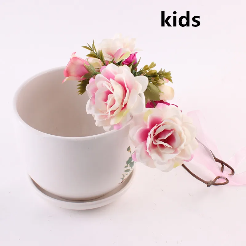 Роза цветок корона праздничный головной убор Свадебная гирлянда Цветочная повязка на голову венки аксессуары декоративные цветы - Цвет: kids pink