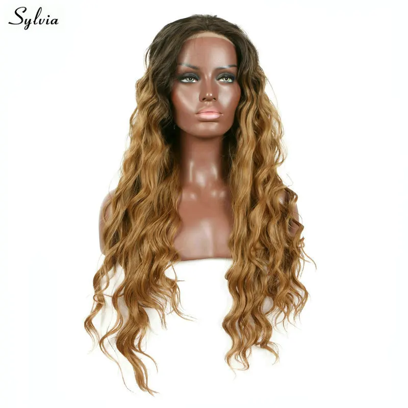 Sylvia черный корни Омбре блонд парик свободная волна естественные волосы линия