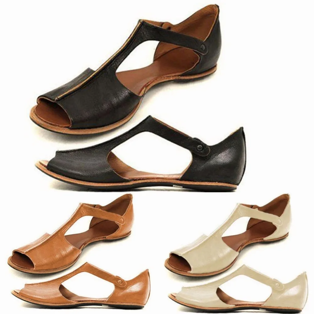 

ADISPUTENT Womens Fashion Flats Fish Mouth Beach Shoes Open Toe Ankle Bottom Roman Sandals PU Leather Women Sandals Square Heels