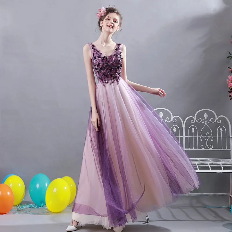 

2019 New Young Mom Sweet Lace Purple Slim Sleeveless Long Banquet Wedding Evening Dress