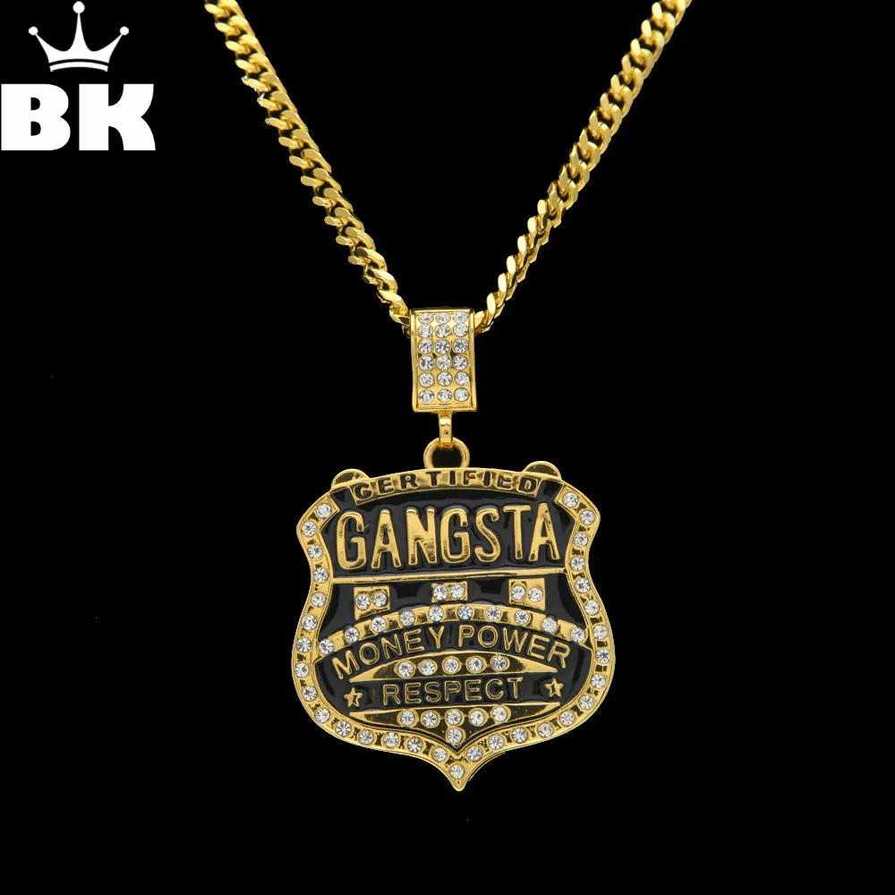 

Hip Hop Gangsta Badge Rap Pendant Necklace Iced Out Rhinestone Charm Necklace With 5mm 70cm Cuban Chain Drop Shipping Jewelry