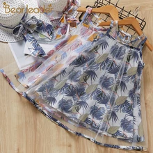 Bear leader/платья для девочек Новинка года; летнее Сетчатое платье без рукавов с принтом листьев+ тканая шляпа; платья для девочек; одежда для От 2 до 6 лет