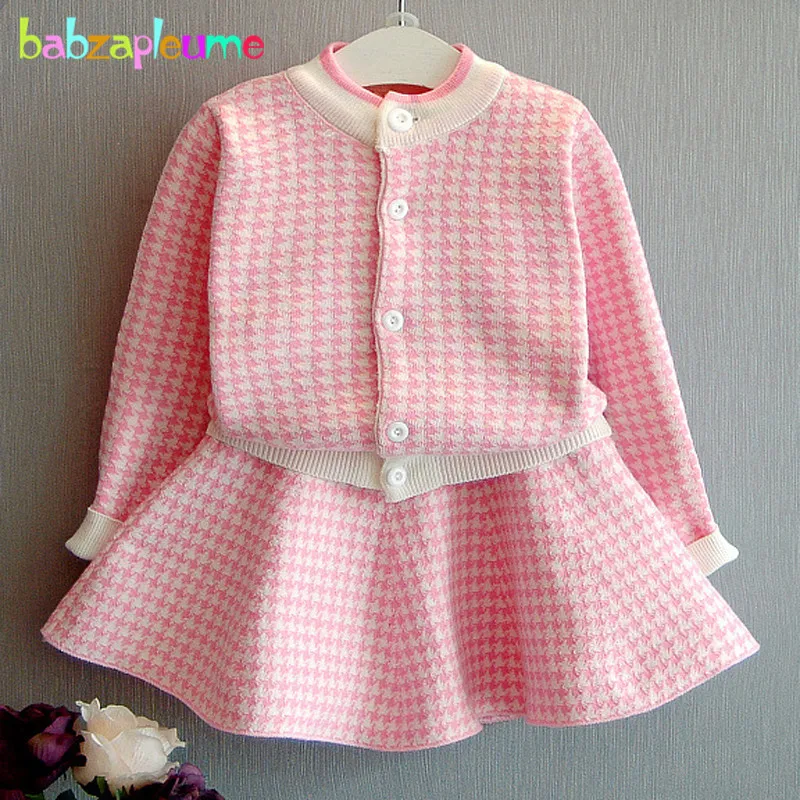 

Autumn Winter Baby Girls Costume Thicken Toddler Clothing Plaid Cardigan Sweater+Skirt 2pcs Children Sets Kids Clothes BC1268