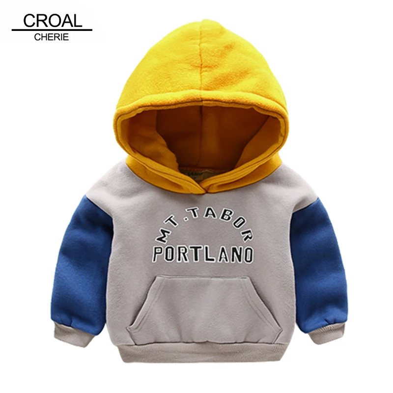 

CROAL CHERIE 90-130cm Fashion Letter Printing Hooded Kids Boys Clothes Winter Fleece Patchwork Sweatshirts For Children Hoodies