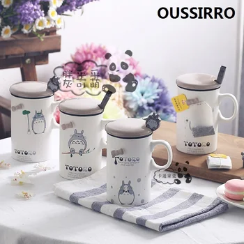 

OUSSIRRO 350ml Totoro Cartoon Theme Pure Color feel Ceramic Cup with Cover and Spoon Milk Mugs Cup For Children Breakfast
