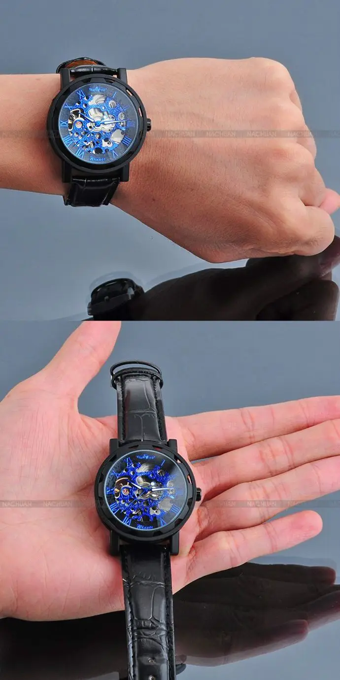 Fashion Winner Black Leather Band Stainless Steel Skeleton Mechanical Watch For Man Gold Mechanical Wrist Watch Luxury Brand