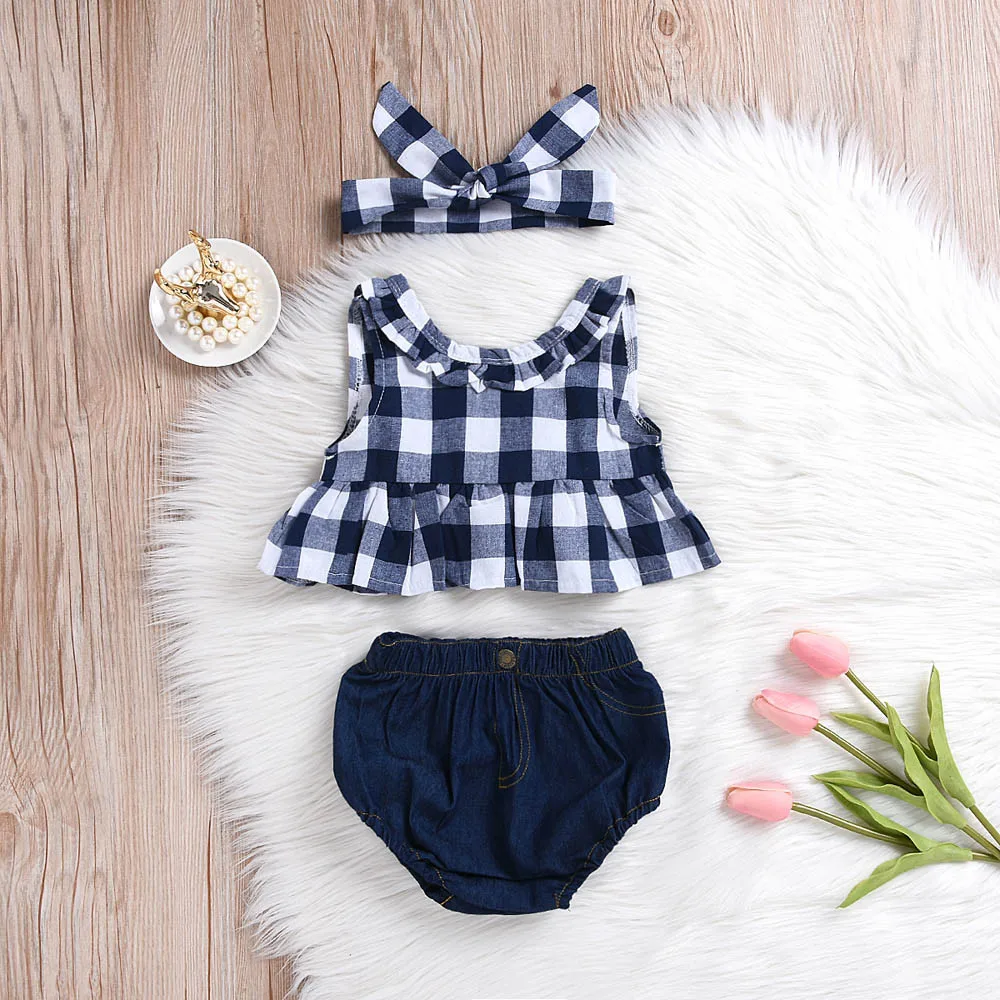 

2019 Summer baby girl clothing set Plaid Skirted T-shirt Tops+Denim Short Bloomers Headband baby girl clothes Newborn Outfits