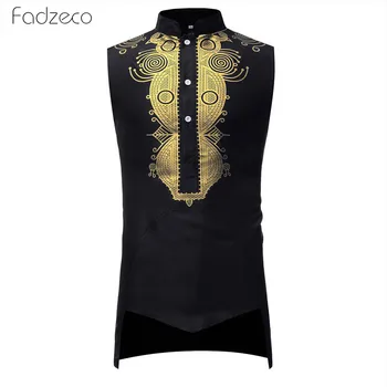 

Fadzeco 2019 African Shirt Men Stand Collar Sleeveless Irregular Hem Shirt Standing Neck Slim Top African Male Clothes