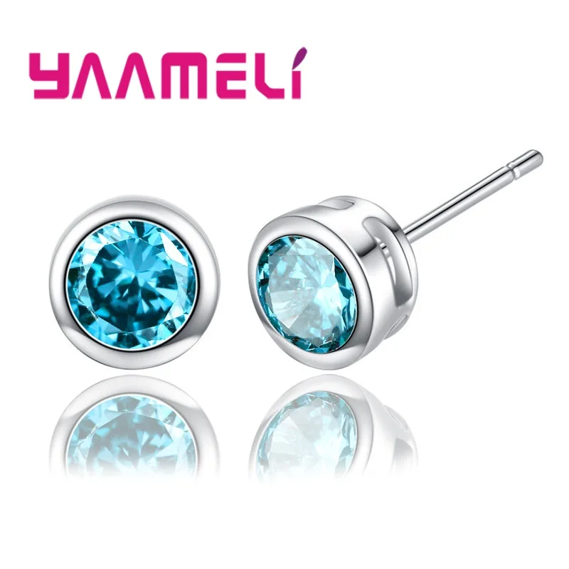 

New Attractive Multiple Color Round CZ Stud Earrings For Women Jewelry 925 Sterling Silver Simple Design Earrings Free Shipping