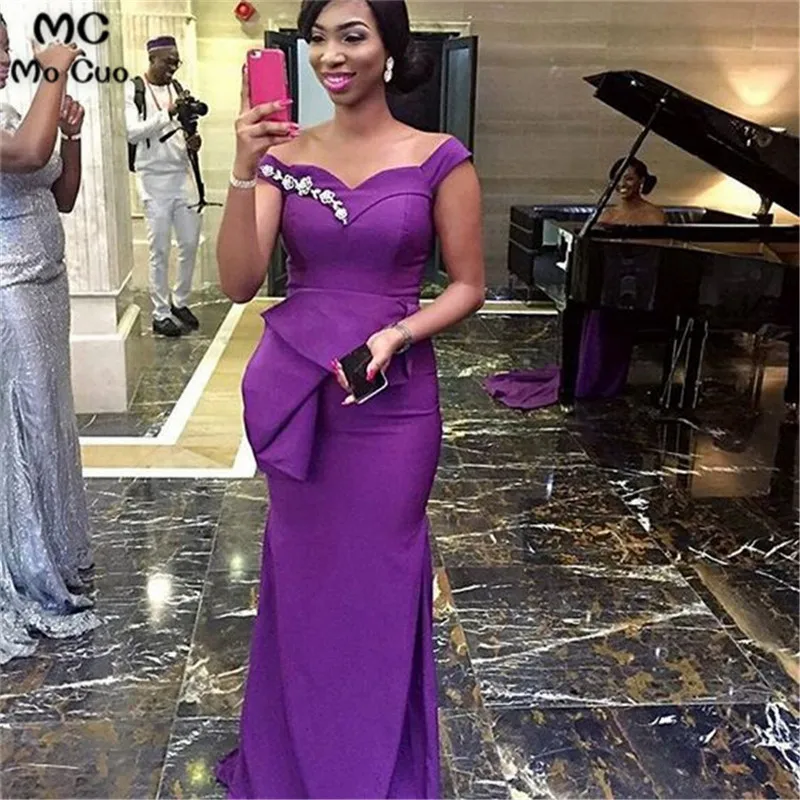 

2019 Arabic African Mermaid Evening Dresses Long with Beaded Ruffles Elastic Satin Prom Gown Evening Dress Custom Made