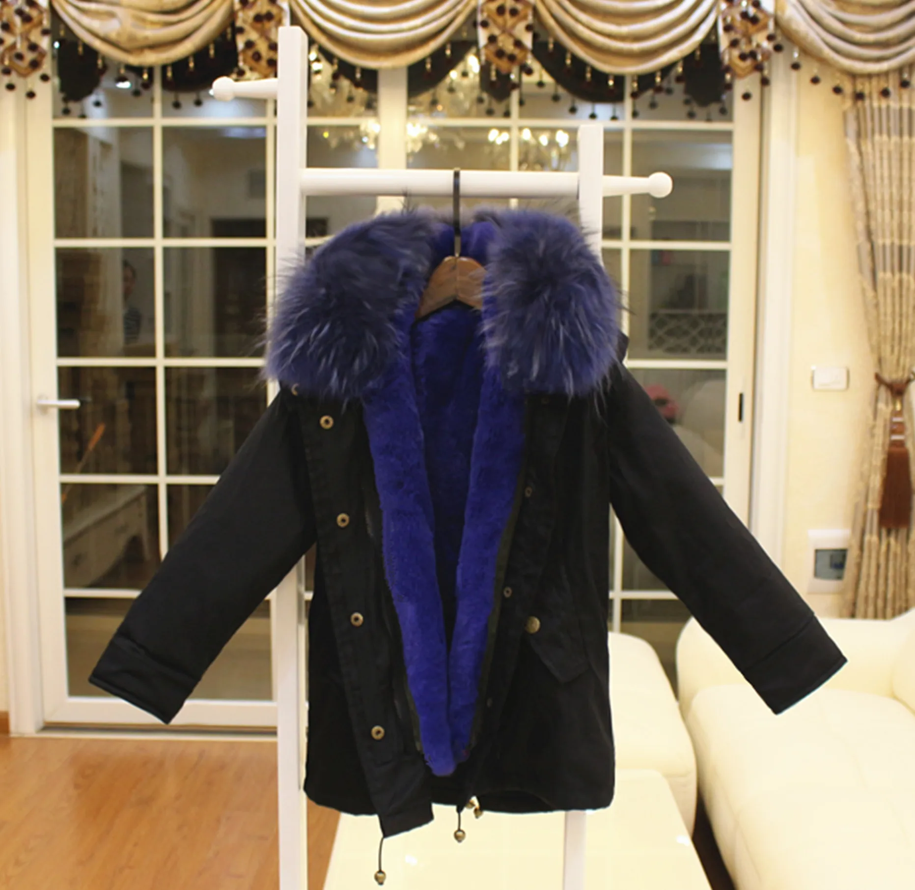 Мода для девочек пальто с мехом верхняя одежда для детей кроличий мех ветрозащитные детские пальто и куртки для холодной зимы теплые парки для мальчиков - Цвет: black blue hair