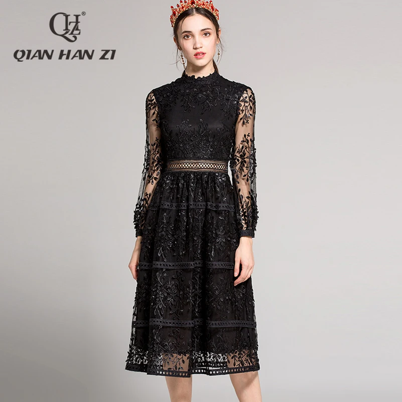 

Qian Han Zi 2019 Spring Fashion Runway Vintage Black Dresses Women's Long Sleeve Solid Mesh Floral Embroidery Sequin Dress