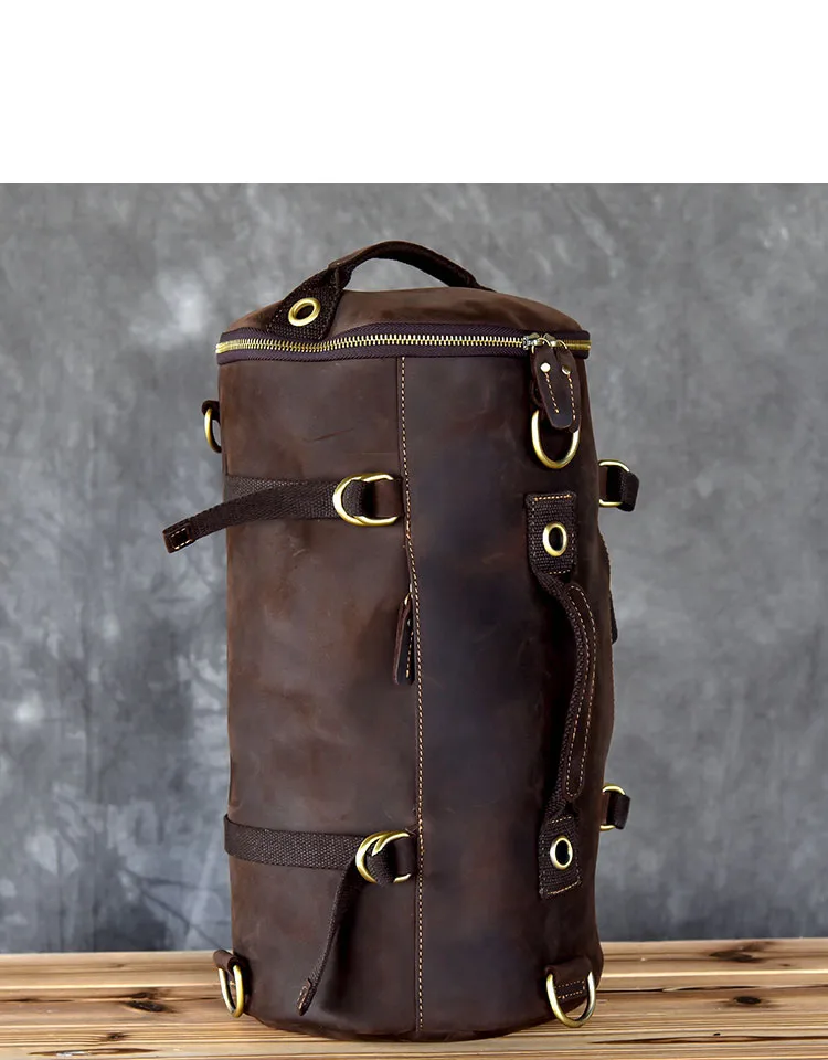 Vordere Anzeige des zylindrischen Vintage-Rucksacks aus echtem Leder von Woosir für Herren