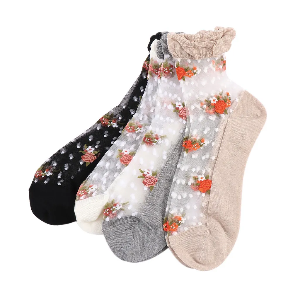 

1 Pair Fashion Women Ultrathin Socks Summer Transparent Glitter Mesh Crystal Rose Flower Elastic Short Socks