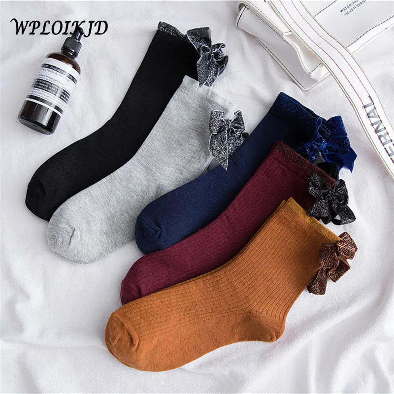 

[WPLOIKJD]Sweet Gold Silver Silk Bowknot Socks College Harajuku Cute Socks Women Korean Skarpetki Femme Sokken Calcetines