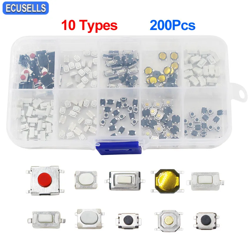 

200Pcs Tactile Push Button Switch Micro Momentary Tact Assortment Kit for Car Remote Key Button Microswitch 10 Types