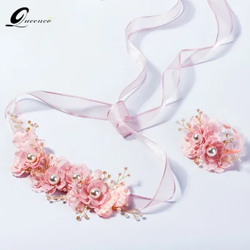 

QUEENCO Pink Flower Headband Crystal Pearl Hair Jewelry Wedding Hair Accessories Girls' Wedding Party Ornaments