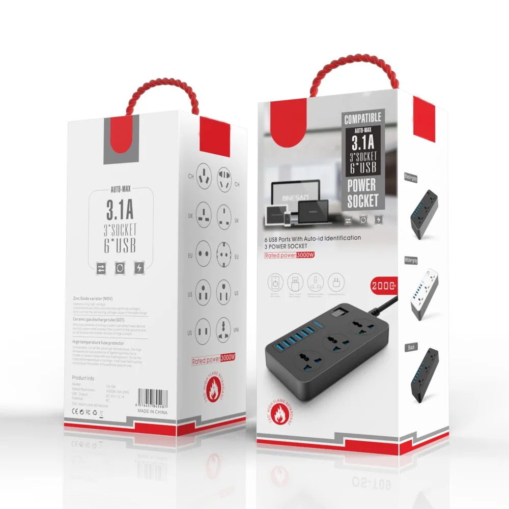 Полоски питания с 3 выходами 6 usb портов защита от перенапряжения универсальная