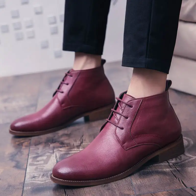 

WEISHIMIBANG New Arrival British Mens Red Martin Boots Fashion Round Toe Men Short Ankle Boots Man High Top PU Leather Shoes 38
