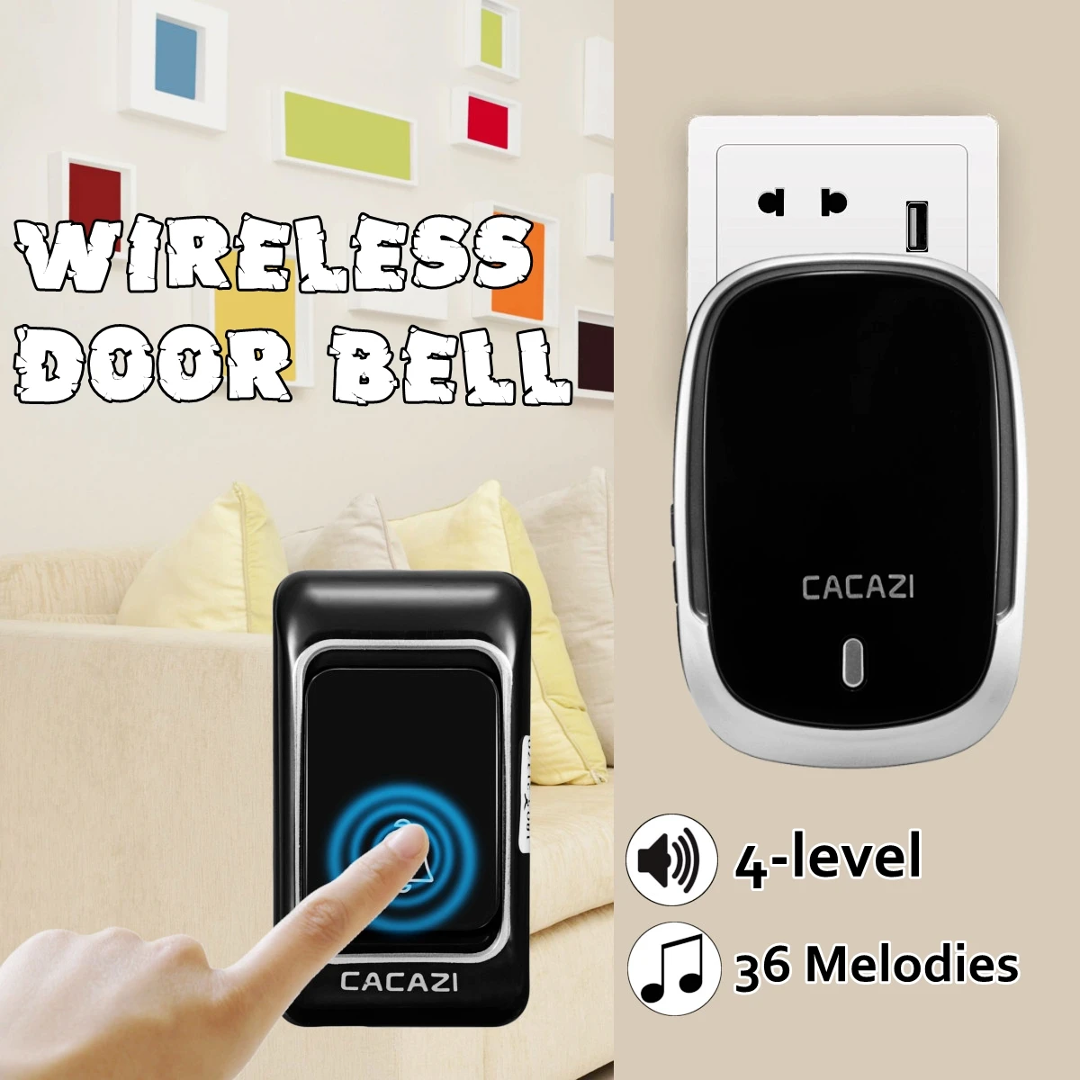 

Wireless Door Bell Waterproof Doorbell 300M Remote 36 Ringtones 4-level Optional Volume Doorbell Adjustment Easy Install
