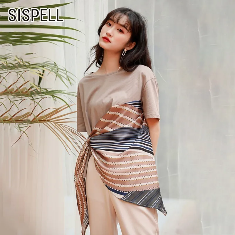 

SISPELL Summer Casual Striped Patchwork Women's T Shirt O Neck Short Sleeve Loose Hem Irregular Clothing Female Fashion New 2019