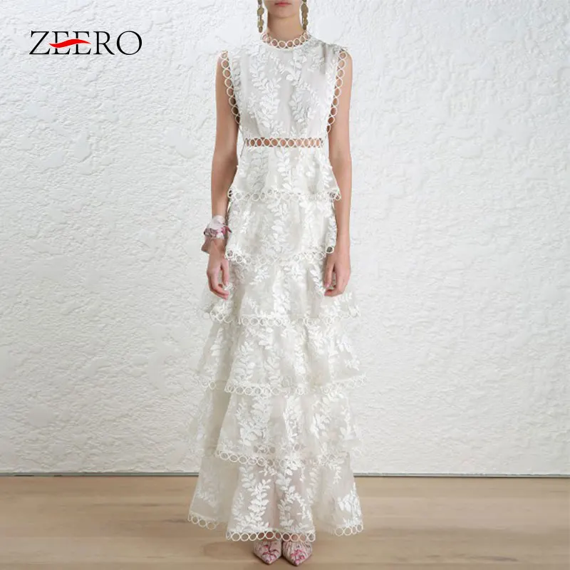 

New Fashion 2018 Women Long Dresses Sleeveless Floral Print Cascading Ruffle White Dress Runway Embroidery Hollow Out Vestidos