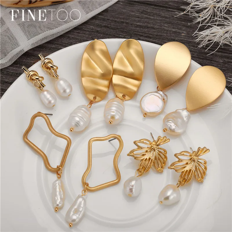 

Minimalist Irregular Natural Freshwater Pearl Earrings for Women Gold Color Metal Geometric Drop Earrings Pendientes