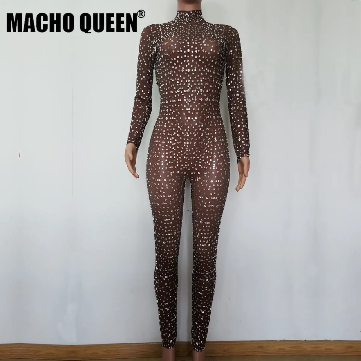Sexy Full Rhinestones See Through Mesh Bodysuit Drag Queen Party