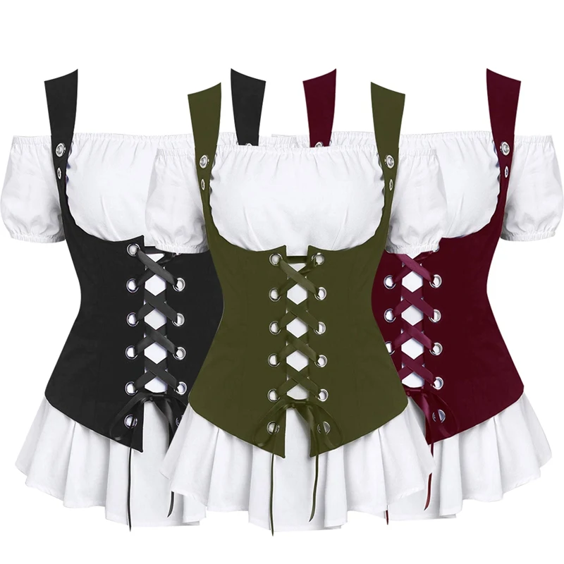 

Women Medieval Renaissance Suits Halloween Cosplay Costume Vintage Short Sleeve Tops Two Piece Maid Wear S-XL