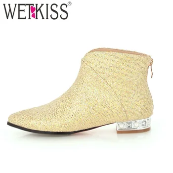

WETKISS Ankle Women Booties 2018 Pointed Toe Bling Pearl Short Plush Footwear Winter Female Boots Low Heels Women Shoes Black