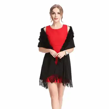 ZY87001-1 Classic Womens Woolen Shawls with Rabbit Fur pompoms Tassels Decoration Fashion Lady Solid Wool Poncho Outwear Stoles