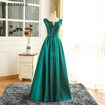 

JANCEMBER Elegant Evening Dresses Satin Green O Neck Sleeveless Lace Up Back Floor Length abendkleider 2019 Real Photo