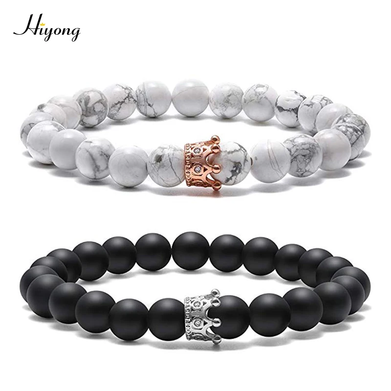 Браслет для пары HIYONG King & Queen Crown матовые Агаты белая корона из фианита 8 мм бусины