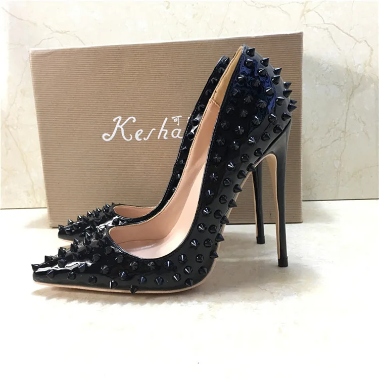 

2019 Fashion free shipping black Patent Leather spikes Poined Toe Stiletto Heel high heel shoe pump HIGH-HEELED SHOES dress shoe