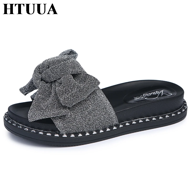 

HTUUA Fashion Sequins Bow Slippers Women Flat Slides Indoor Home Outside Beach Flip Flops Summer Shoes Woman Sandals SX2326