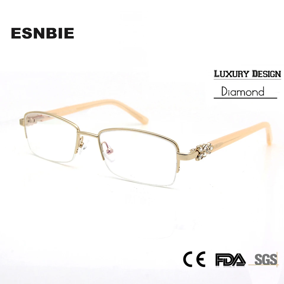 ESNBIE Luxury Rhinestone Eyeglass Frame Women High Quality Half Rim