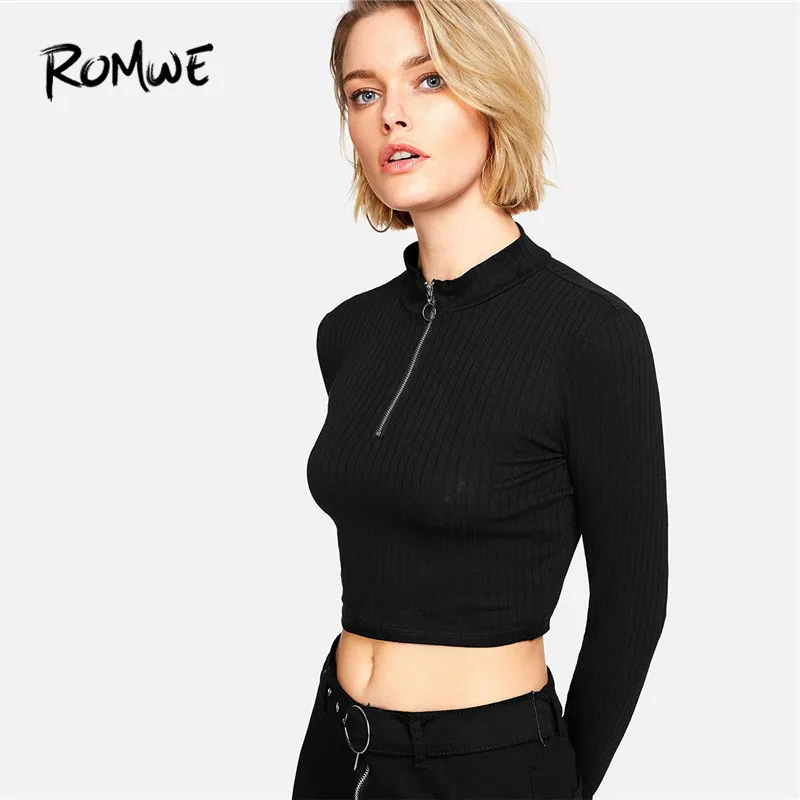 

ROMWE Ring Zip Up Front Ribbed Crop Tee Black Zipper Stand Collar T Shirt Fall Plain Long Sleeve Women Top